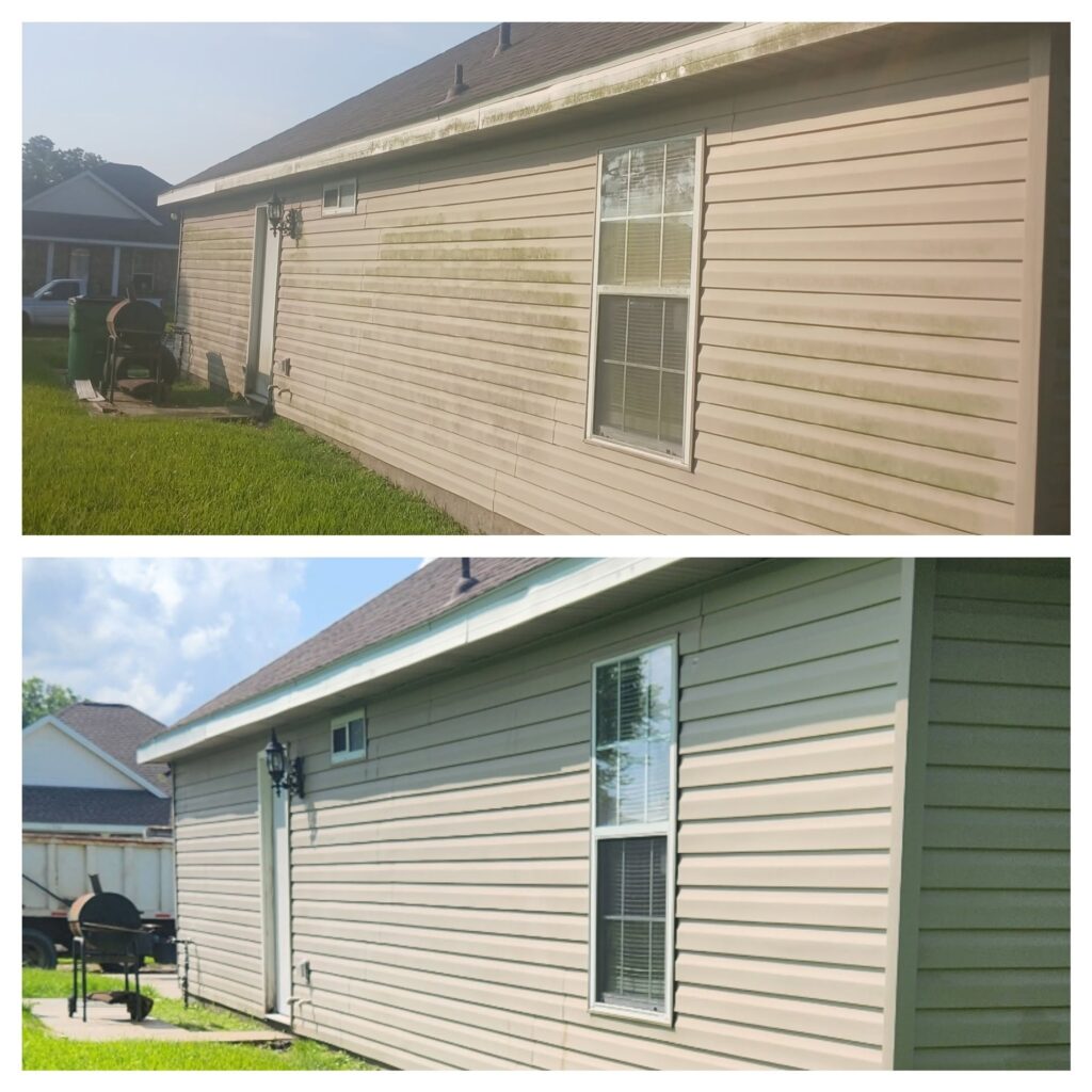 Vinyl siding before and after exterior cleaning, with green buildup removed