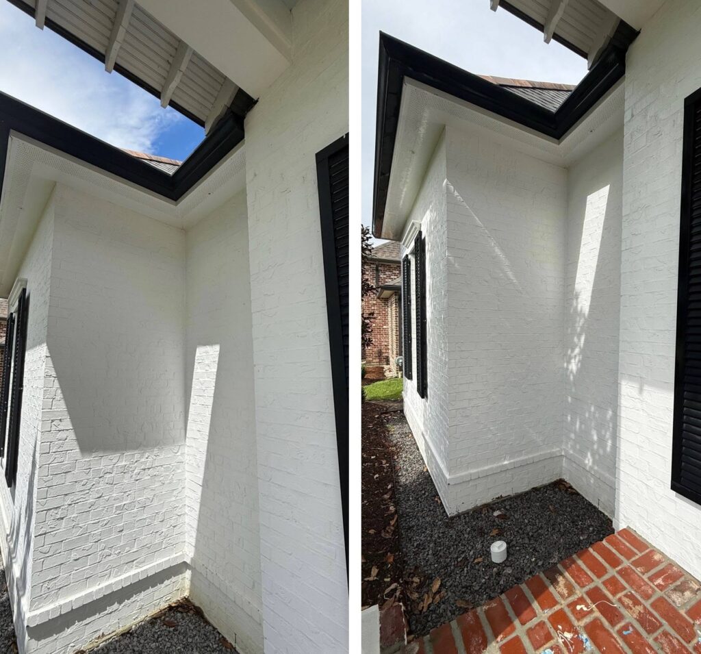 White painted brick exterior walls before and after cleaning